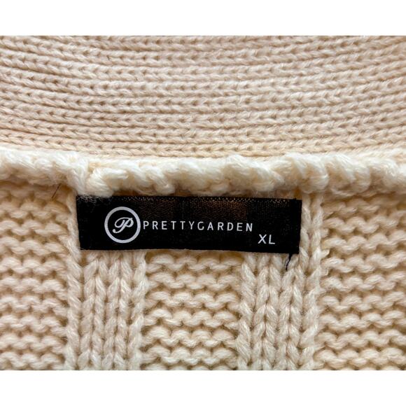 PrettyGarden Ivory Cable Knit Cardigan Sweater Tortoise Shell Buttons Pockets XL - Picture 4 of 9